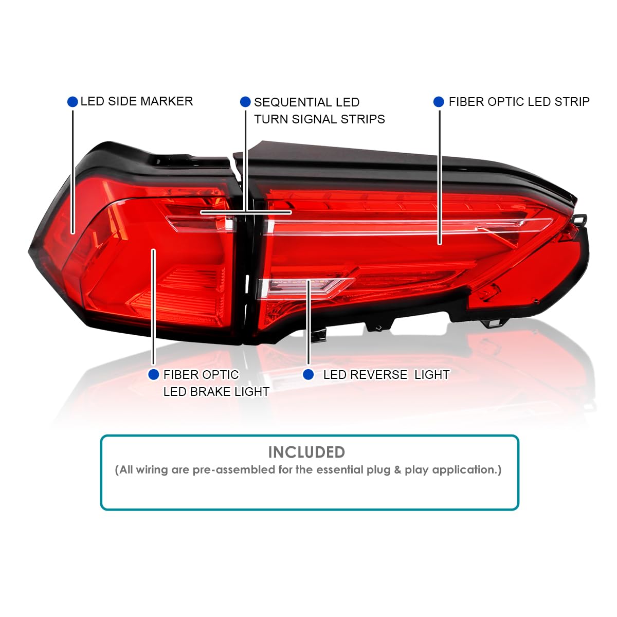 Red LED Sequential Tail Lights SPEC-D TUNING Compatible with 2019-2023 Toyota RAV4, Left + Right Pair Assembly