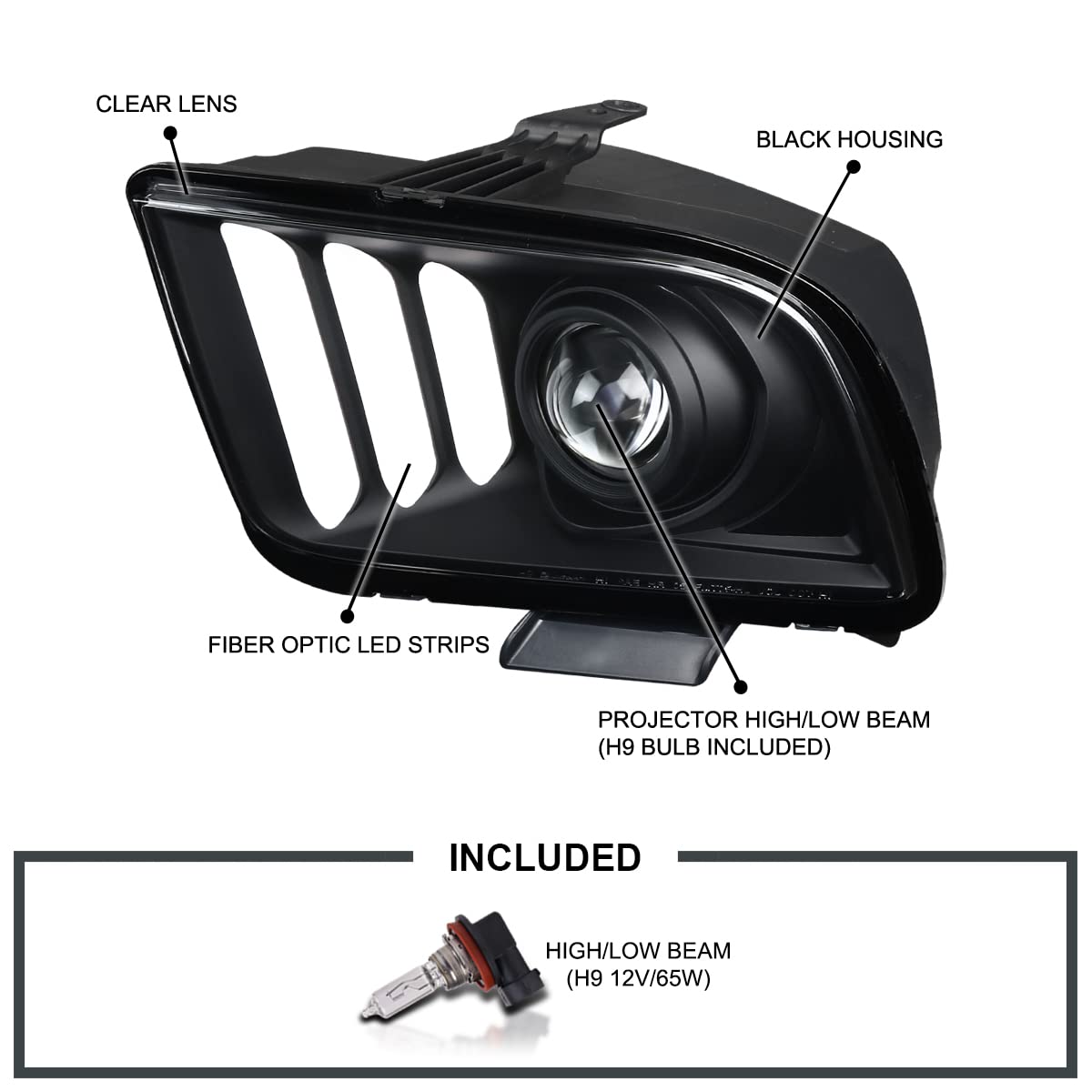 Black Projector Headlights SPEC-D TUNING Compatible with 2005-2009 Ford Mustang, Left + Right Pair Headlamps Assembly