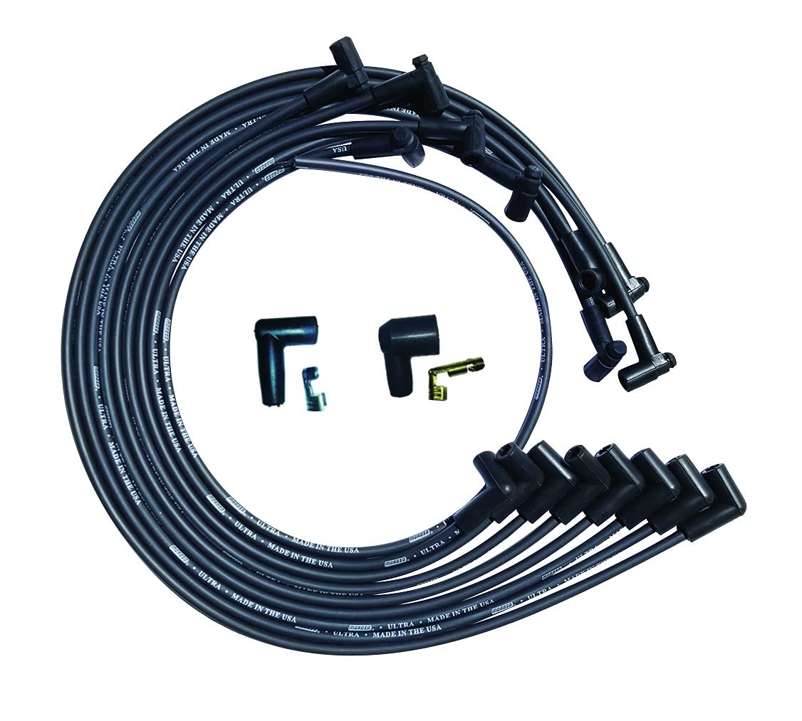 Ultra Series Moroso Black Spark Plug Wires, Small Block Chevy, Under Header Routing, 90 Degree Plug Ends, HEI Distributor