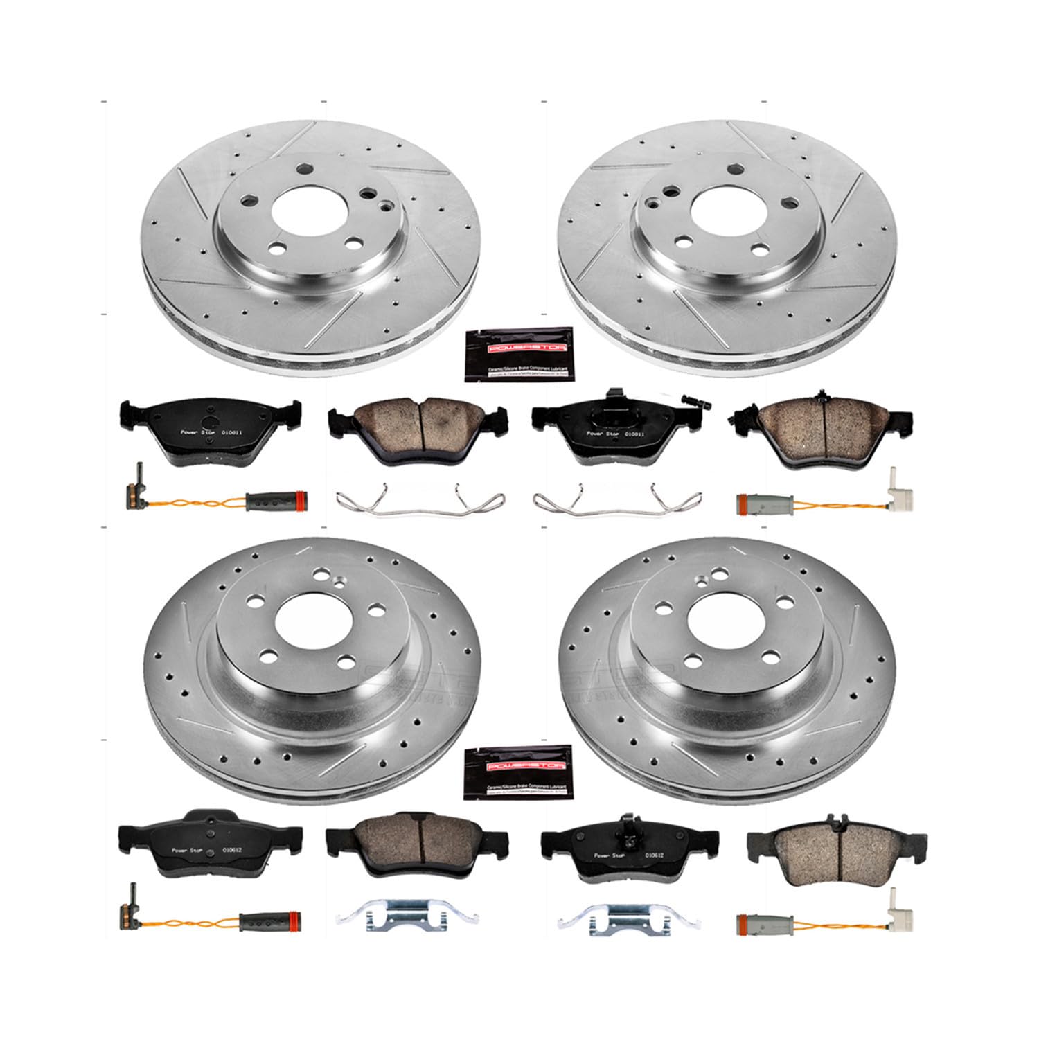 Power Stop K4519 Z23 Carbon Fiber Brake Pads Front and Rear with Drilled & Slotted Brake Rotors Kit and 2 Front & 2 Rear Sensor Wires For Mercedes-Benz E350 2006 [Model Specific]