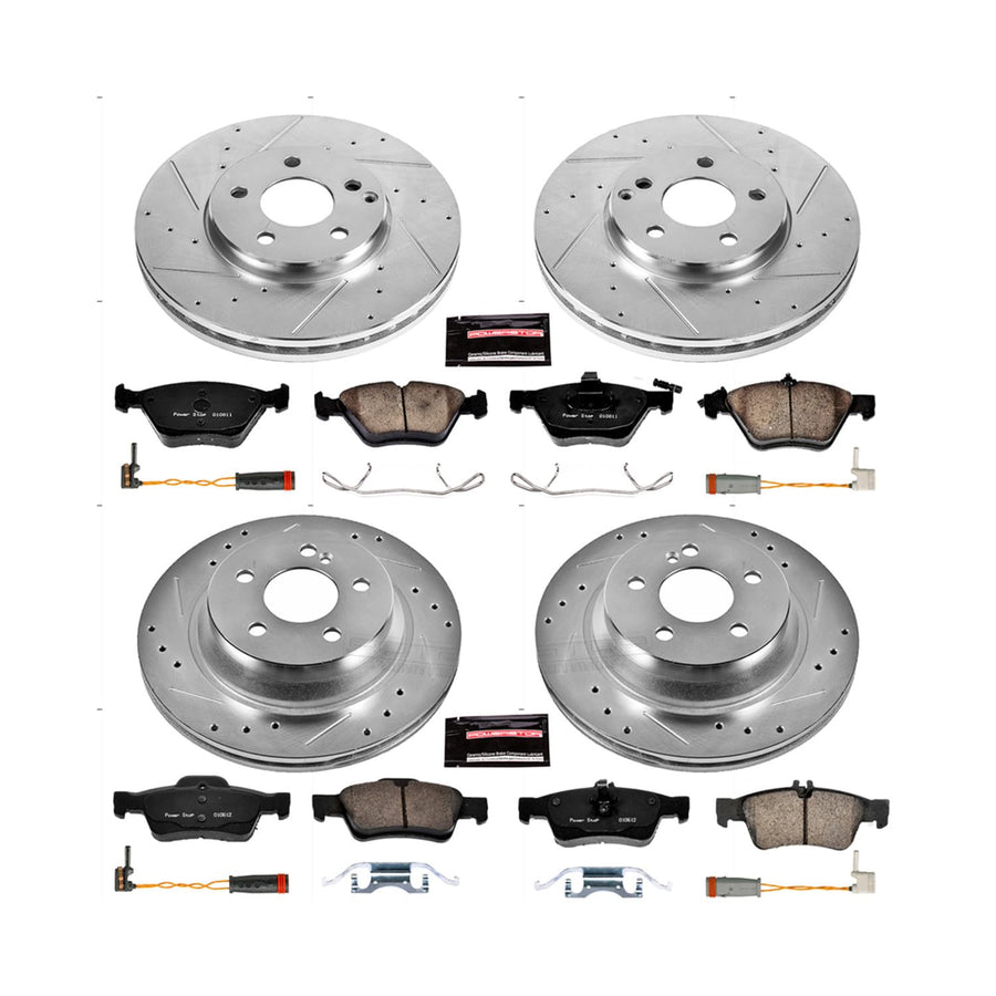 Power Stop K4519 Z23 Carbon Fiber Brake Pads Front and Rear with Drilled & Slotted Brake Rotors Kit and 2 Front & 2 Rear Sensor Wires For Mercedes-Benz E350 2006 [Model Specific]