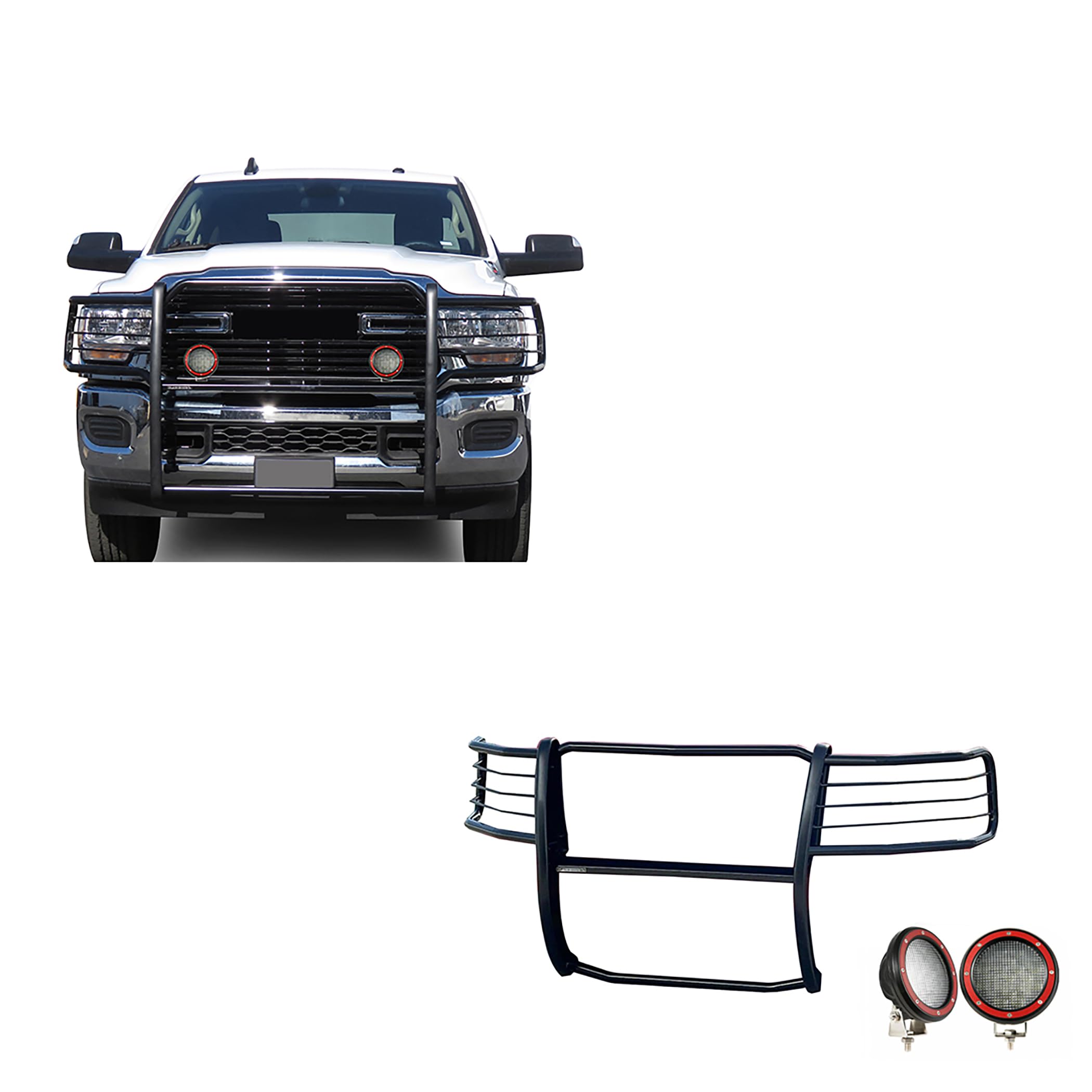Bumper Guard Black Horse Grille brush Modular Come With Pair of 5.3" Dia.LED Lights with Red Trim Rings Compatible with 2019-2024 Ram 2500|2019-2024 Ram 3500-17DG113MA-PLFR