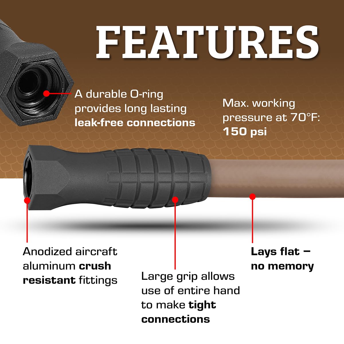 SwivelGrip Flexzilla Colors Garden Hose 5/8 in. x 10 ft., Lightweight All-Weather Water Hose, Durable and Flexible, Leak-Free Connections, Brown Mulch
