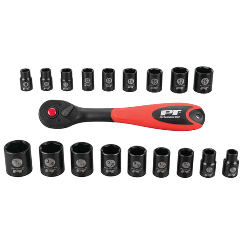 W38337 Performance Tool 19 Piece 3/8-Inch Drive SAE and Metric Black Laser Etched 6 Point Socket Set With Ratchet