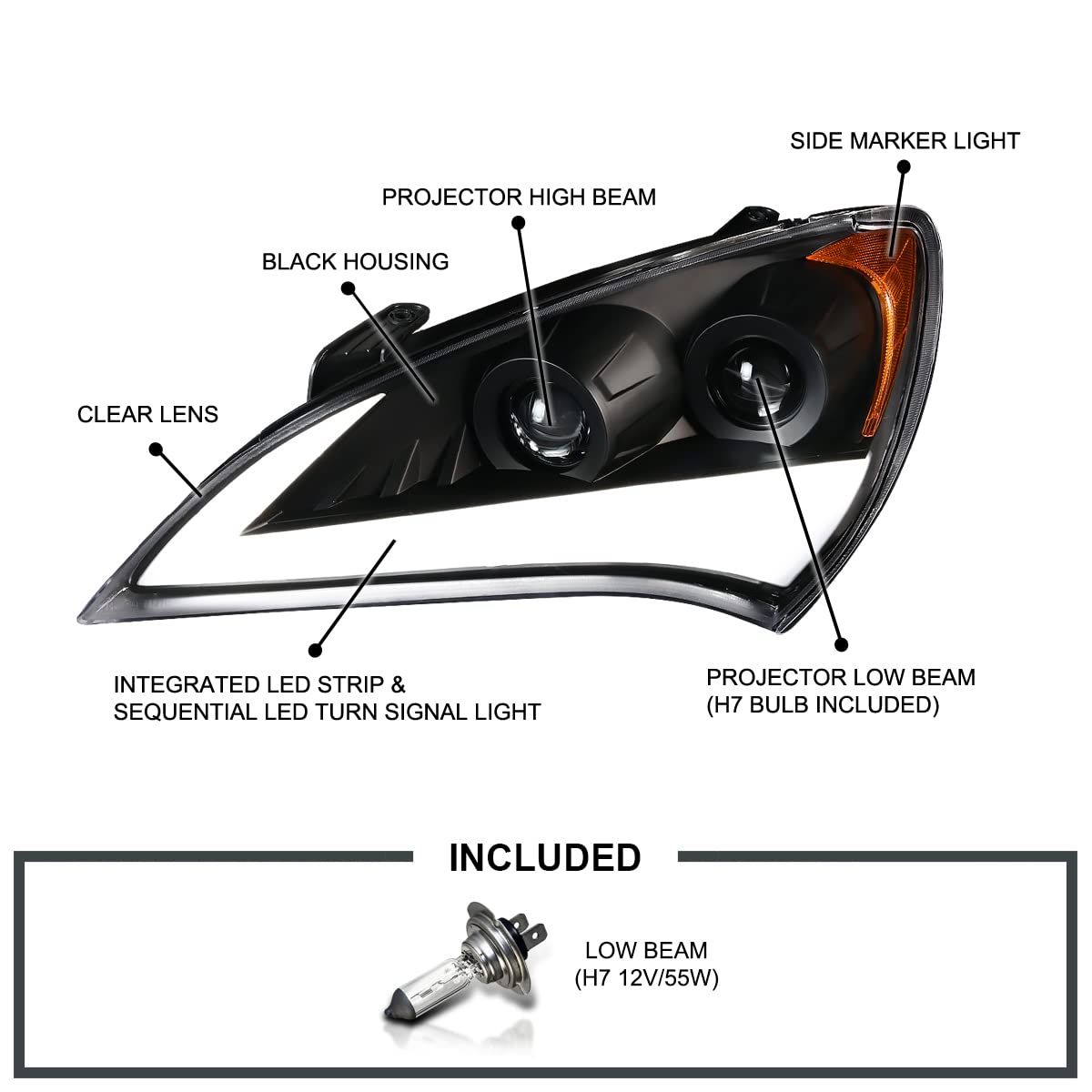 Black LED Light Bar Projector Headlights SPEC-D TUNING w/Sequential Turn Signal Compatible with 2010-2012 Hyundai Genesis Coupe, Left + Right Pair Headlamps Assembly