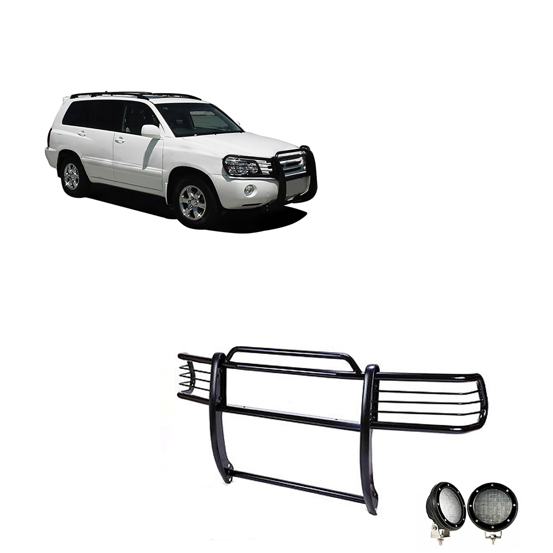 Bumper Guard Black Horse Grille Brush Modular Black Come with Pair of 5.3" Dia.LED Lights with Black Trim Rings Compatible with 2001-2007 Toyota Highlander-17TL26MA-PLFB