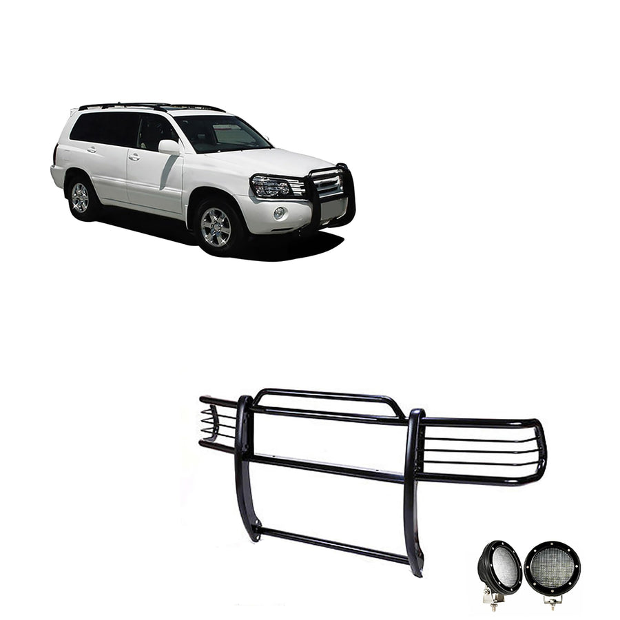 Bumper Guard Black Horse Grille Brush Modular Black Come with Pair of 5.3" Dia.LED Lights with Black Trim Rings Compatible with 2001-2007 Toyota Highlander-17TL26MA-PLFB
