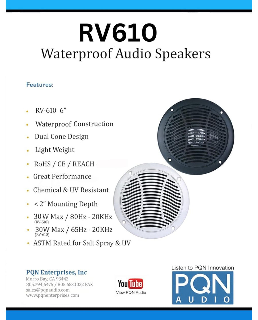 RV610-4W PQN Audio, 6 inch Dual Cone Waterproof Marine Speaker for Boat, RV, Camper and Golf Cart