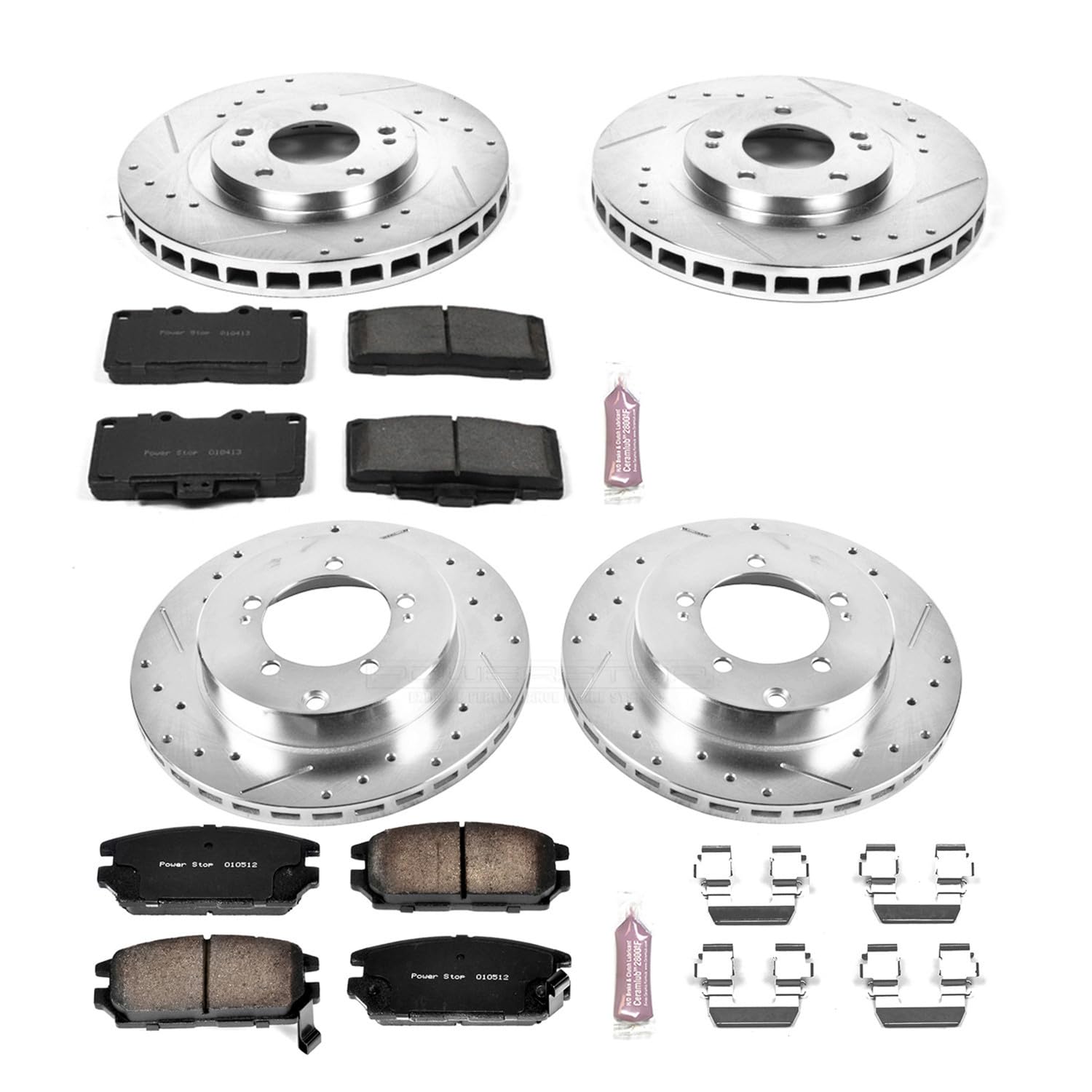 Power Stop K797 Z23 Carbon Fiber Brake Pads Front and Rear with Drilled & Slotted Brake Rotors Kit For Dodge Stealth 1991-1993, Mitsubishi 3000GT 1991-1993 [Model Specific]
