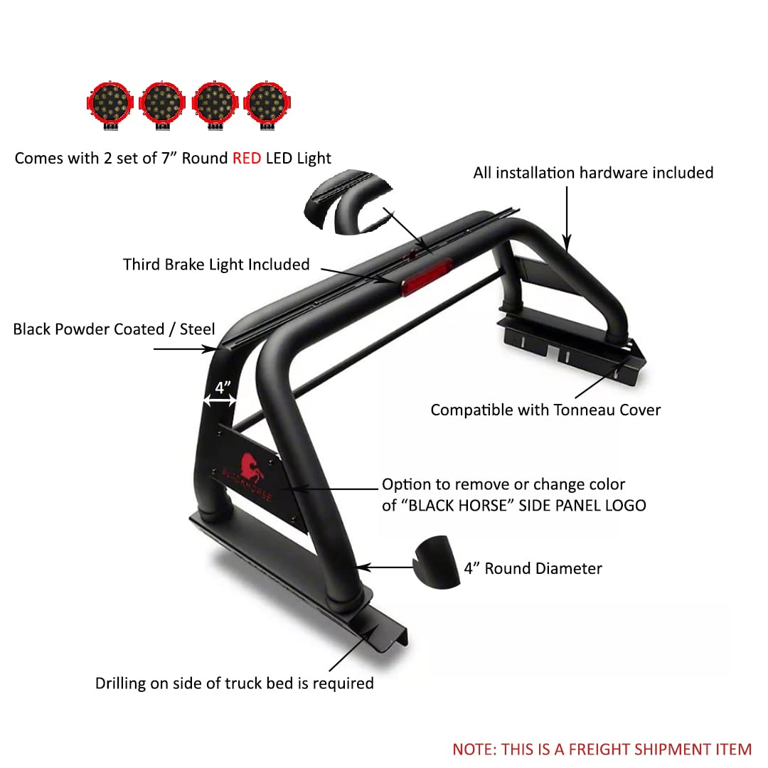 Classic Black Horse Roll Bar Incl. Pair of 7.0" Dia. LED Lights w/Red Trim Rings Compatible with 2005-2021 Nissan Frontier-RB007BK-PLR