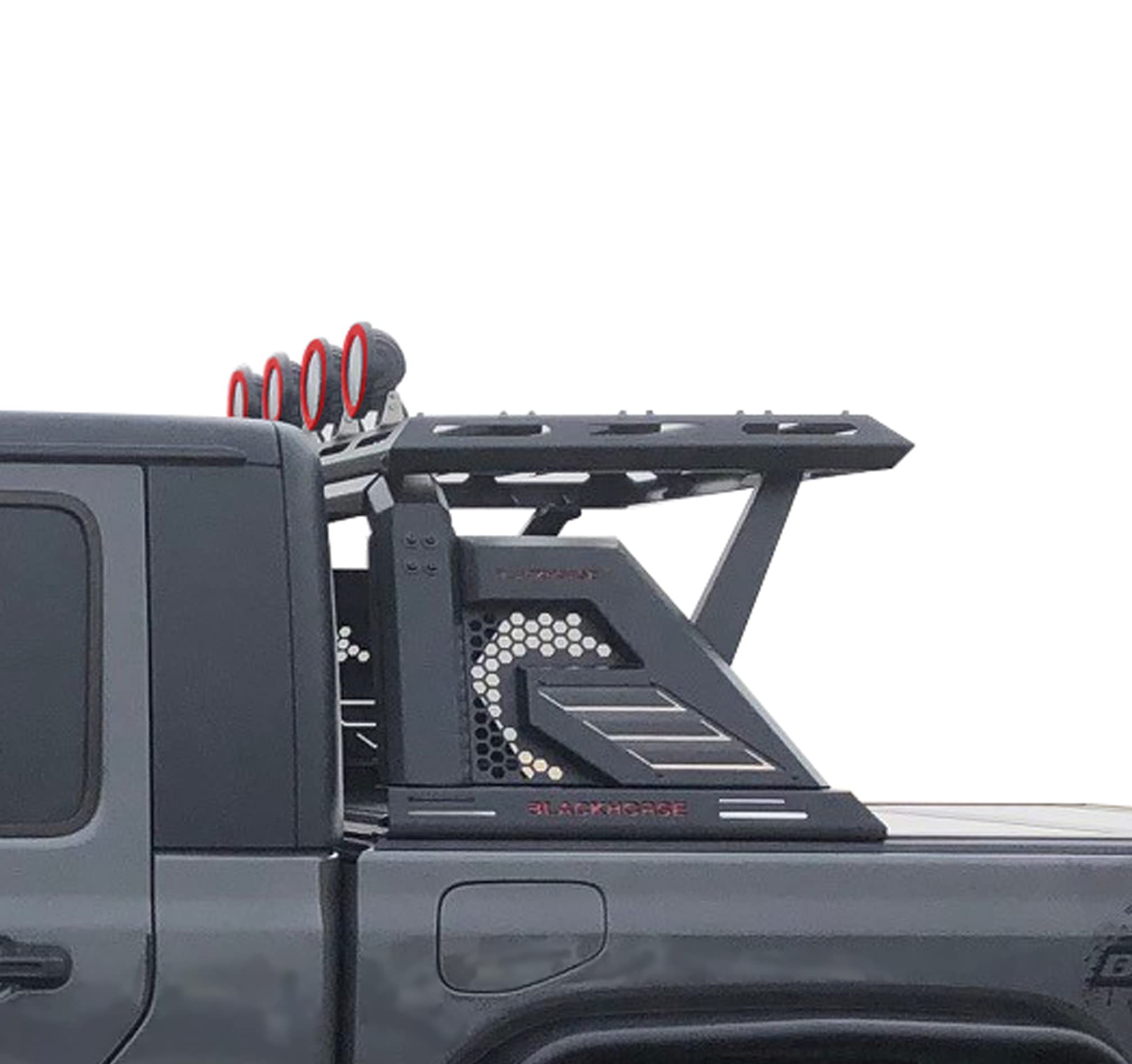 Armour II Black Horse Roll Bar W/Basket Incl. Set of 5.3" Dia.Led Lights w/Red Trim Rings Compatible with 2015-2024 Chevrolet Colorado|2015-2024 GMC Canyon-AR2-04BA3-PLFR