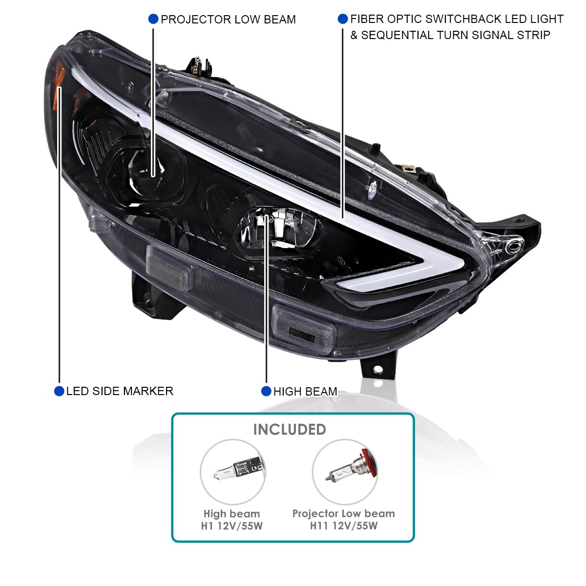Jet Black SPEC-D TUNING Projector Headlights w/Sequential Switchback LED Tube Signal Compatible with 2013-2016 Ford Fusion, Left + Right Pair Headlamp Assembly