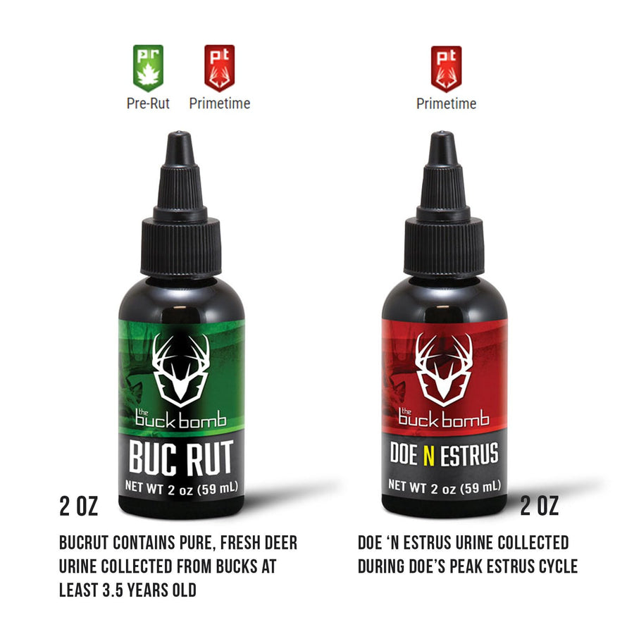 Buck Bomb Rut Kit Hunters Specialties Liquid Scents w/4 Spike Wicks | 2oz Natural Doe 'N Estrus & 2oz Natural BucRut Scent Attractants for Hunting