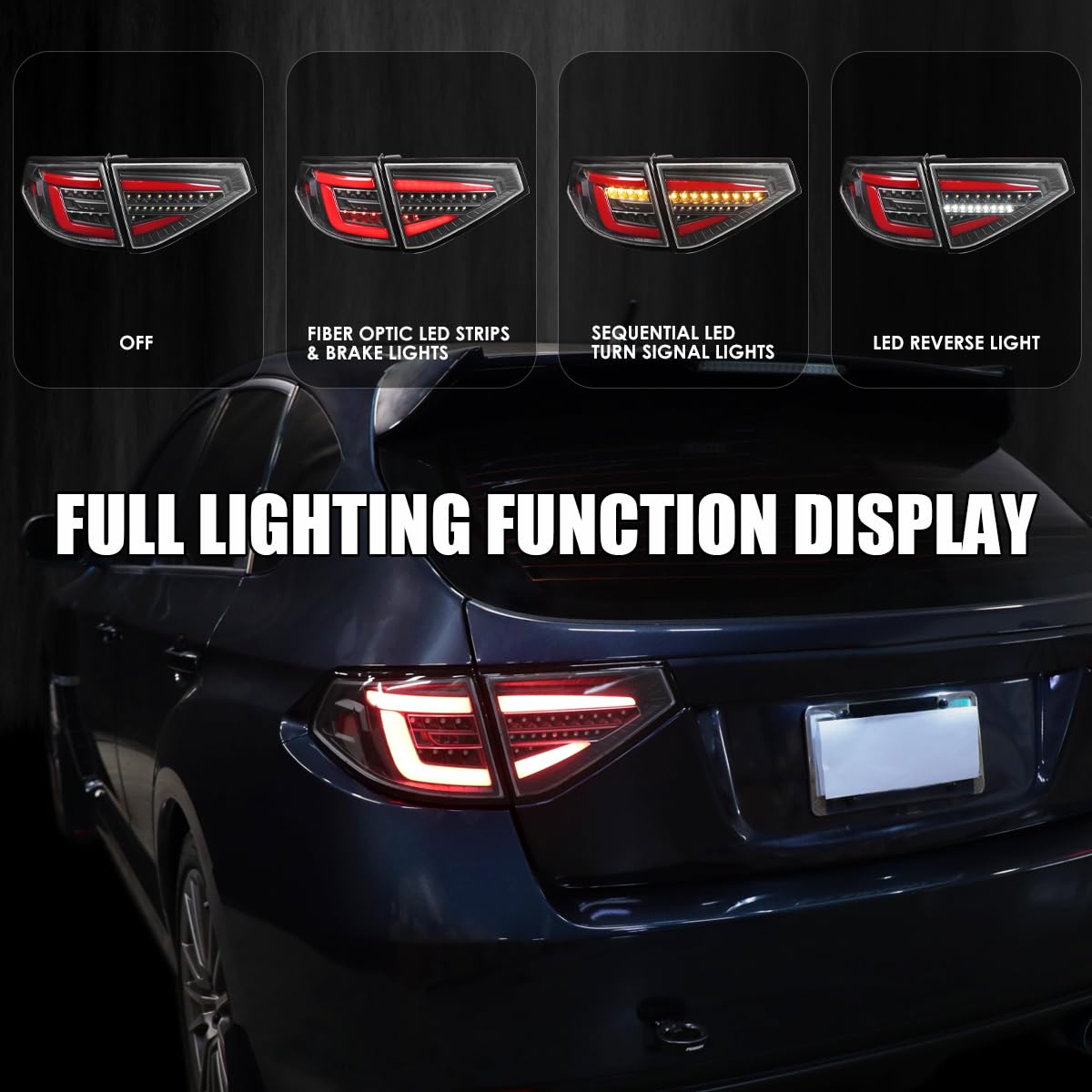 Black Sequential Tail Lights w/Red LED Bar SPEC-D TUNING Compatible with 2008-2014 Subaru Impreza WRX Hatchback, Left + Right Pair Assembly