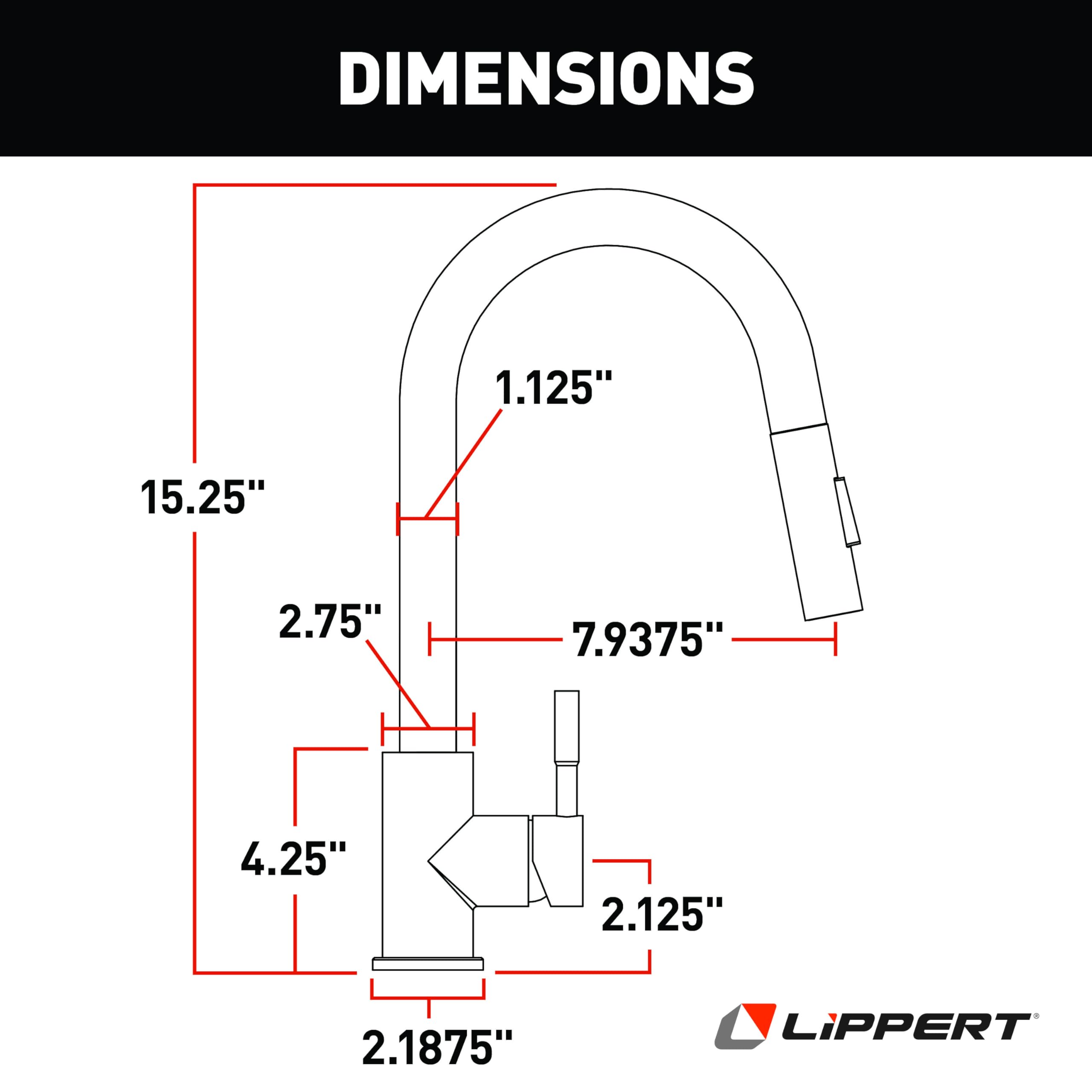 Lippert Bullet Pull-Down Flow Max Kitchen Faucet with 304-Grade Stainless Steel Construction, Single-Handle Operation, Single-Hole Installation, 360-Degree Swivel, 2.2 GPM Flow Rate - 2024000071