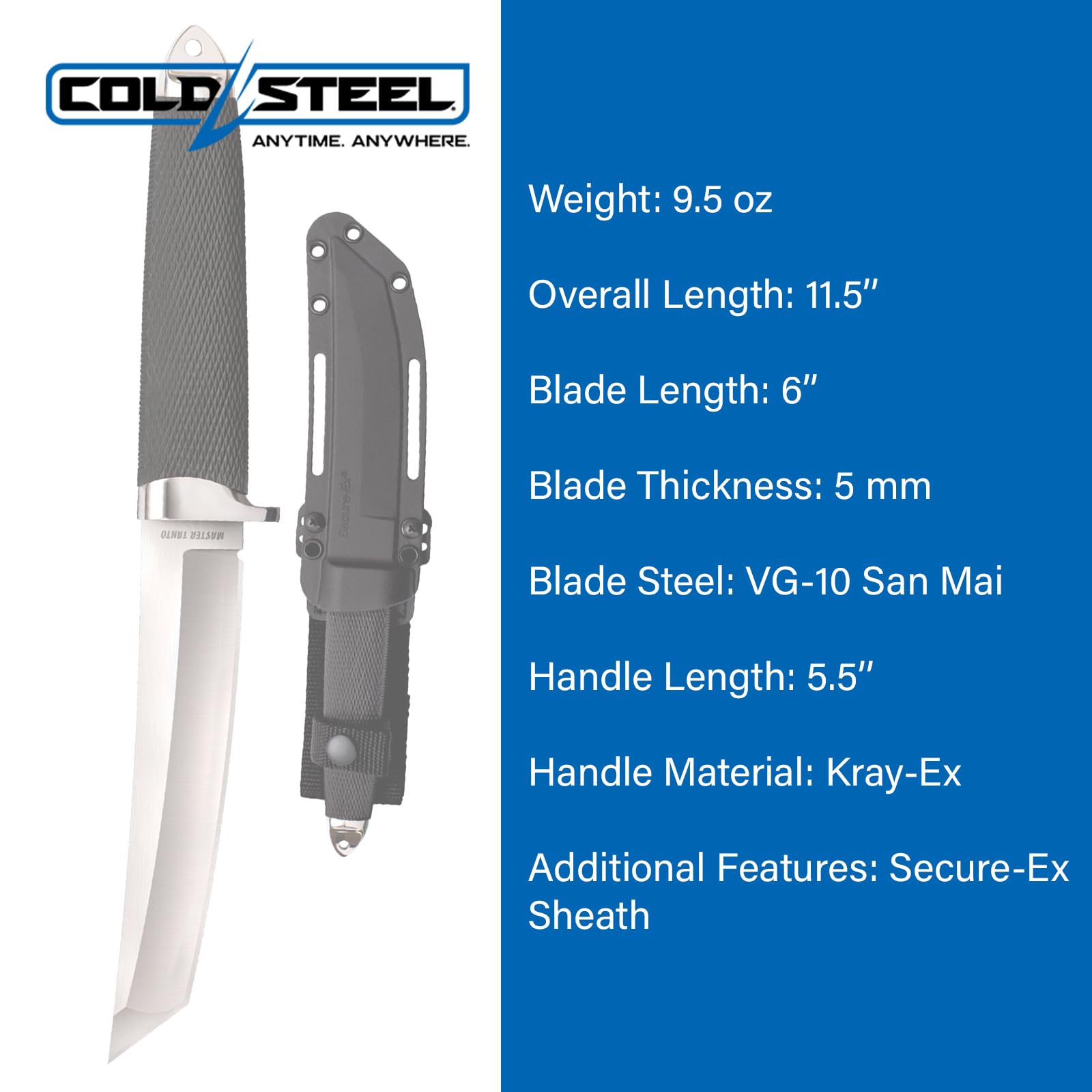 Cold Steel 6" Master Tanto VG-10 San Mai Razor-Sharp Blade 5.5" Kray-Ex Handle Military Tactical Fixed Blade Knife w/Secure-Ex Sheath