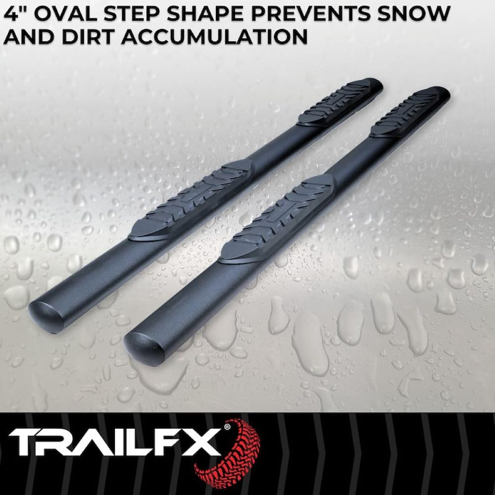TrailFX Nerf Bars 4 Door Fits Ford Bronco 2021-2025 Steel 4 Inch Oval Straight Powder Coated Black with Step Pads Rocker Panel Mount Running Boards TrailFX A1555T