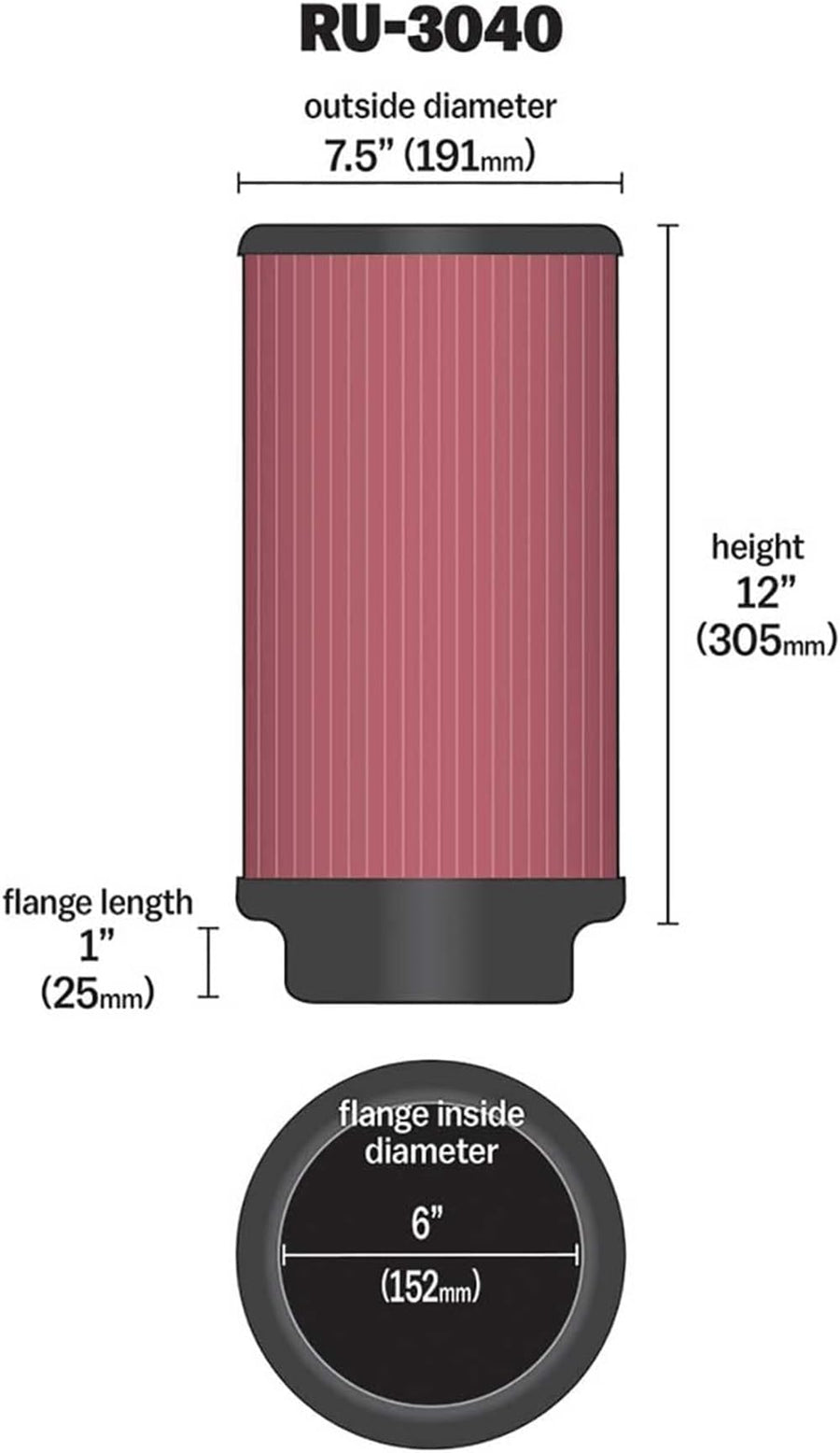 High-Flow K&N Original Lifetime Universal Clamp-On Air Filter: High Performance, Premium, Washable: Flange Diameter: 6 In, Filter Height: 12 In, Flange Length: 1 In, Shape: Round, RU-3040