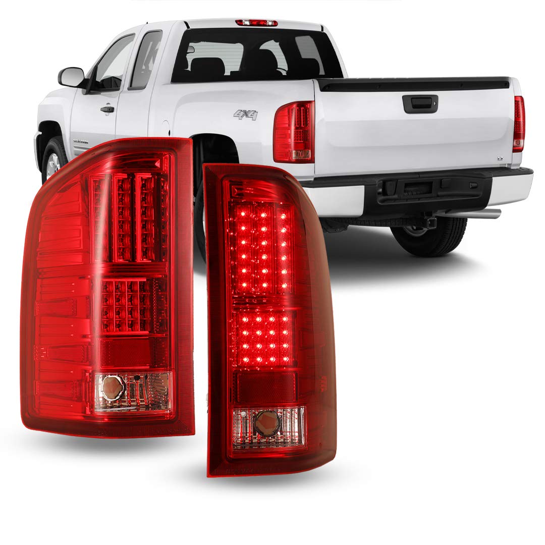 LED Taillights Winjet for [2007-2013 Chevy Silverado 1500] [2007 2008 2009 2010 2011 2012 2013 2014 Silverado 2500/3500] Rear Lamps Driver and Passenger Side Clear Red