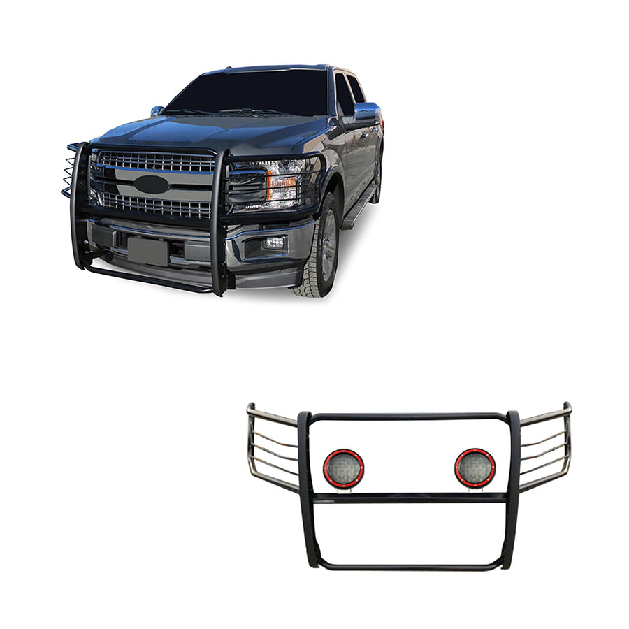Bumper Guard Black Horse Grille brush Modular Come With Pair of 5.3" Dia.LED Lights with Red Trim Rings Compatible with 2015-2024 Ford F-150-17FP32MA-PLFR