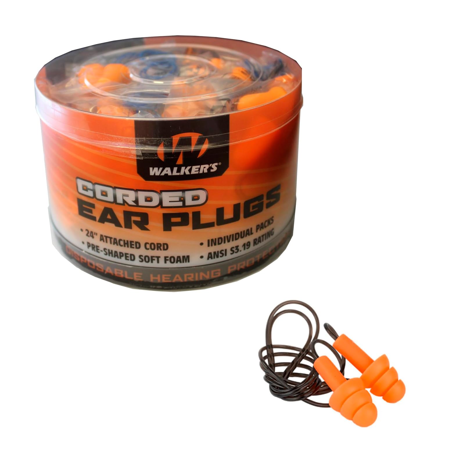 50 Pair Walker's Corded Foam Earplugs Jar Dispenser Tub 32dB NRR Noise-Blocking ANSI S3.19 Hearing Protection Shooting Hunting Work Soft Comfortable 24" PVC Cord