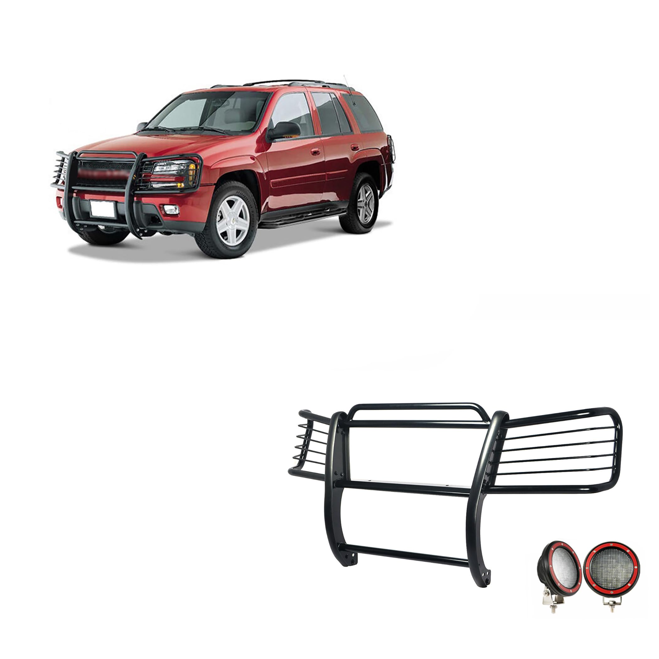 Black Horse Grille Brush Bumper Guard Black Modular Come with Pair of 5.3" Dia.LED Lights with Red Trim Rings Compatible with 2002-2009 Chevy Trailblazer|2002-2006 Chevy Trailblazer EXT-17GK26MA-PLFR