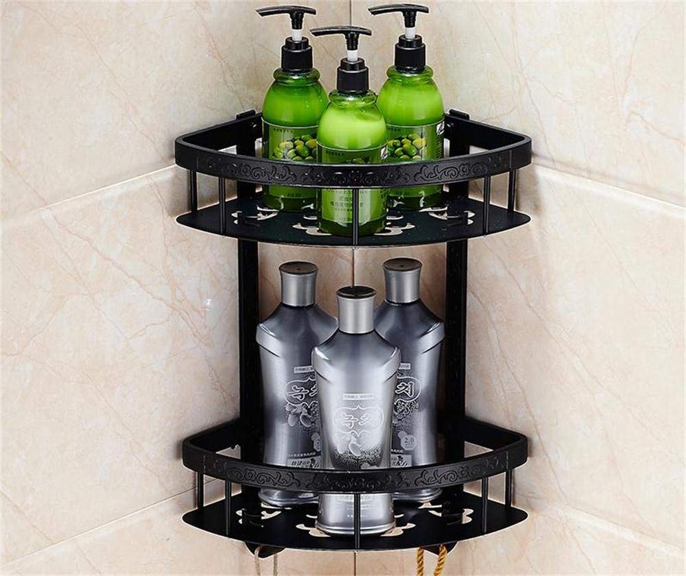 Doubledeck Black Basket Triangular Shelves, Carved Design, stainless Steel Material, Bathroom Shelves, Wallmounted 22.5 * 40.5cm Bathroom Shelf