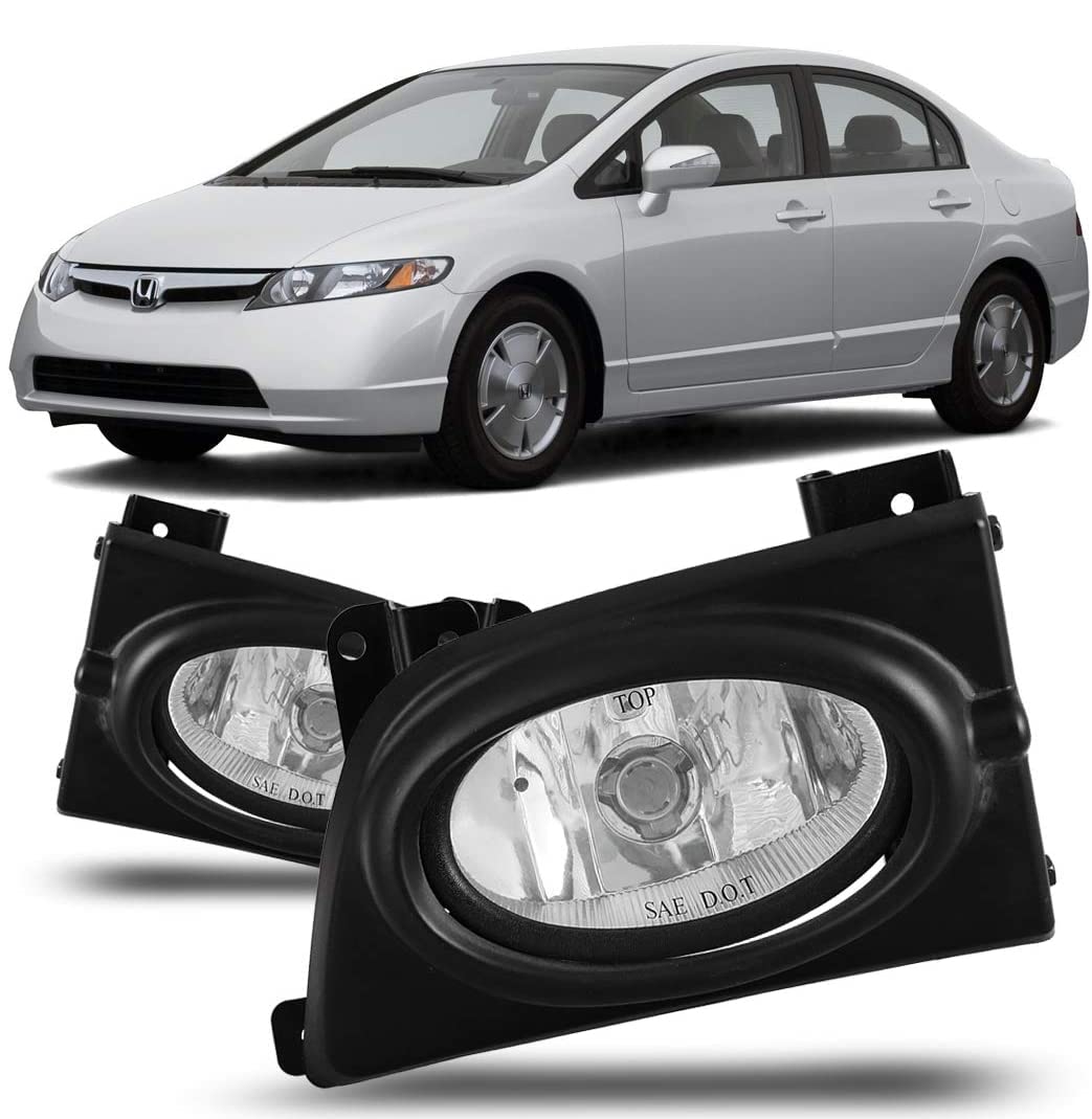 Fog Lights Winjet Compatible With 2006-2008 Honda Civic | Polycarbonate Resin Clear With Wiring Kit Foglight Foglamp Lamps | 2007