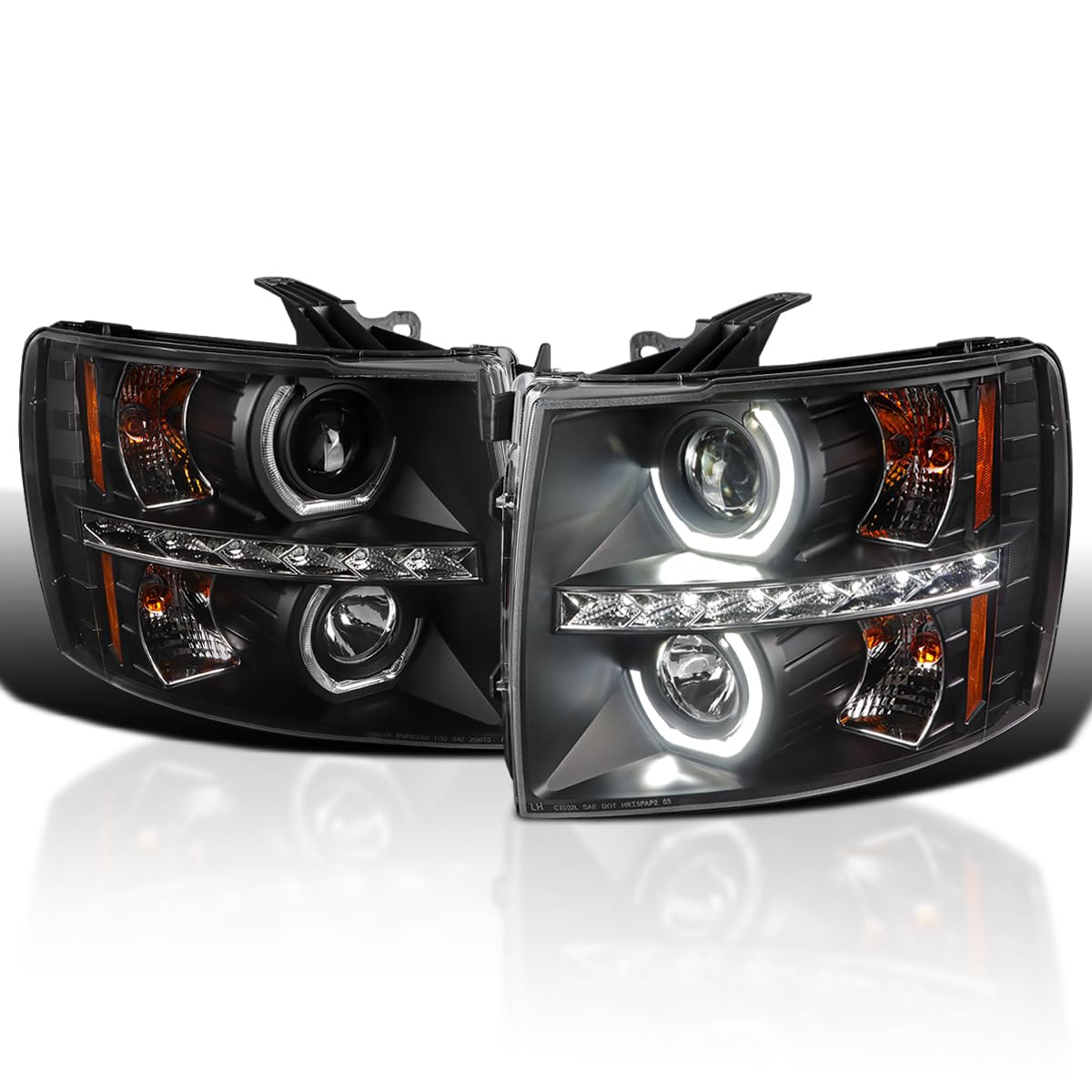 Black Halo Projector Headlights Spec-D Tuning w/LED Compatible with 2007-2013 Chevy Silverado 1500, 2007-2014 Chevy Silverado 2500HD/3500HD, Left + Right Pair Headlamps Assembly