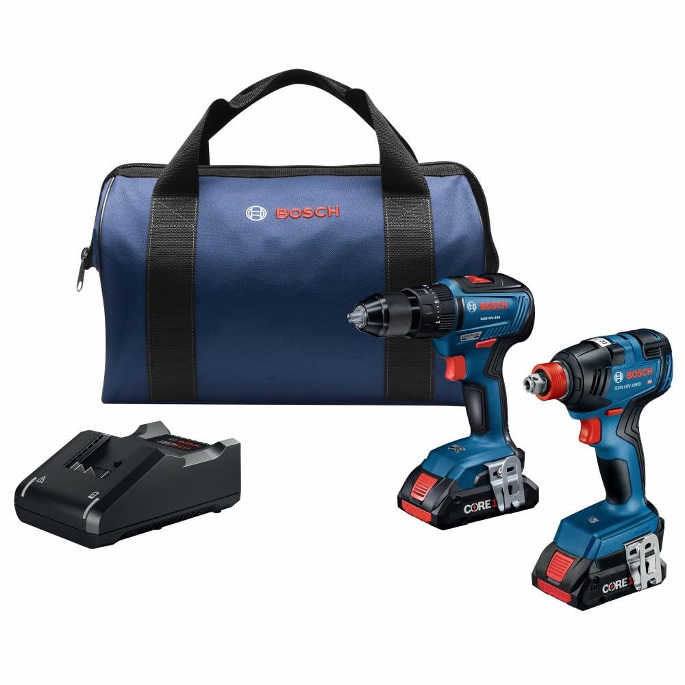 Bosch GXL18V-233B25 18V Combo Kit with 1/2 In. Hammer Drill/Driver, Two-In-One 1/4 In. and 1/2 In. Bit/Socket Impact Driver/Wrench and (2) CORE18V® 4 Ah Advanced Power Batteries