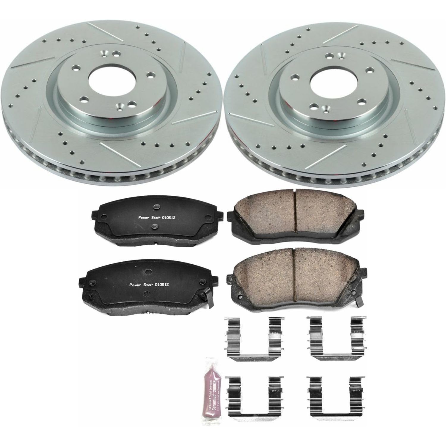 Power Stop K7083 Z23 Carbon Fiber Brake Pads with Drilled & Slotted Brake Rotors Kit For Hyundai Sonata 2015, Hyundai Tucson 2015-2017, Kia Cadenza 2014-2016 [Model Specific]