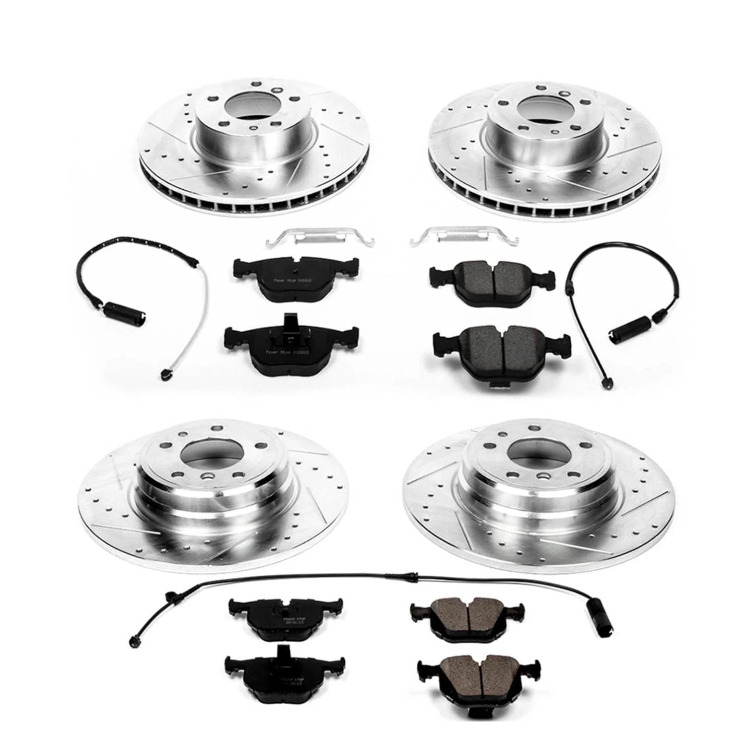 Power Stop K5710 Z23 Carbon Fiber Brake Pads Front and Rear with Drilled & Slotted Brake Rotors Kit and 1 Front & 1 Rear Sensor Wires For BMW 7, BMW 740i, BMW 740iL [Model Specific]