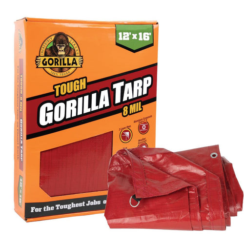 Gorilla Tough Tarp Heavy-Duty 12 ft x 16 ft Waterproof Polyethylene, 8 mil Thick, UV Treated with Reinforced Edges & Aluminum Grommets - Durable Outdoor Tarp for Camping, Gardening, Construction