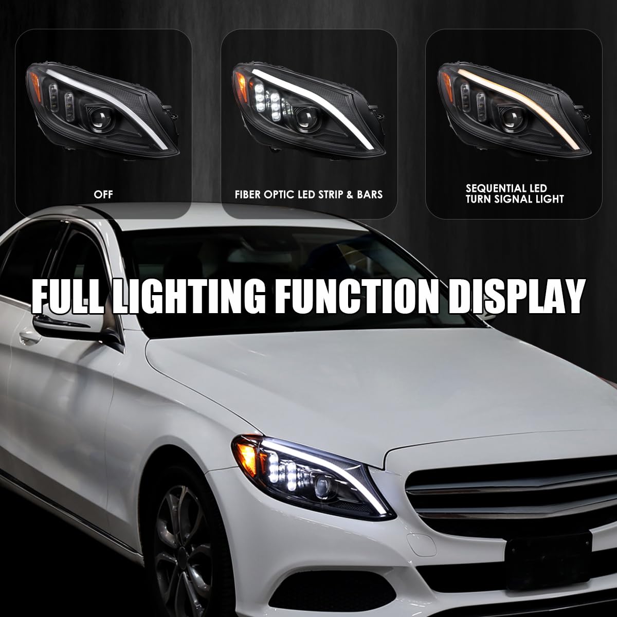 Sequential Signal Tube Full LED Projector Headlights SPEC-D TUNING Compatible with 2015-2018 Mercedes Benz W205 C-Class Left + Right Pair Headlamps Assembly
