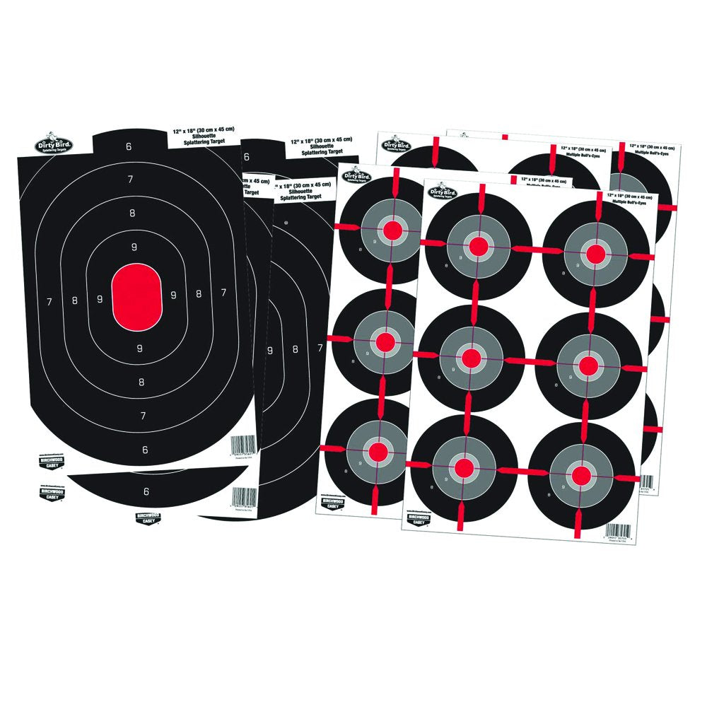 Birchwood Casey 12" X 18" Non-Adhesive Dirty Bird White Splattering Practice Shooting Target Combo Pack for Indoor and Outdoor Use, 4-12" X 18" Oval Silhouette & 4 - Multi Bull's-Eye - 8 Targets
