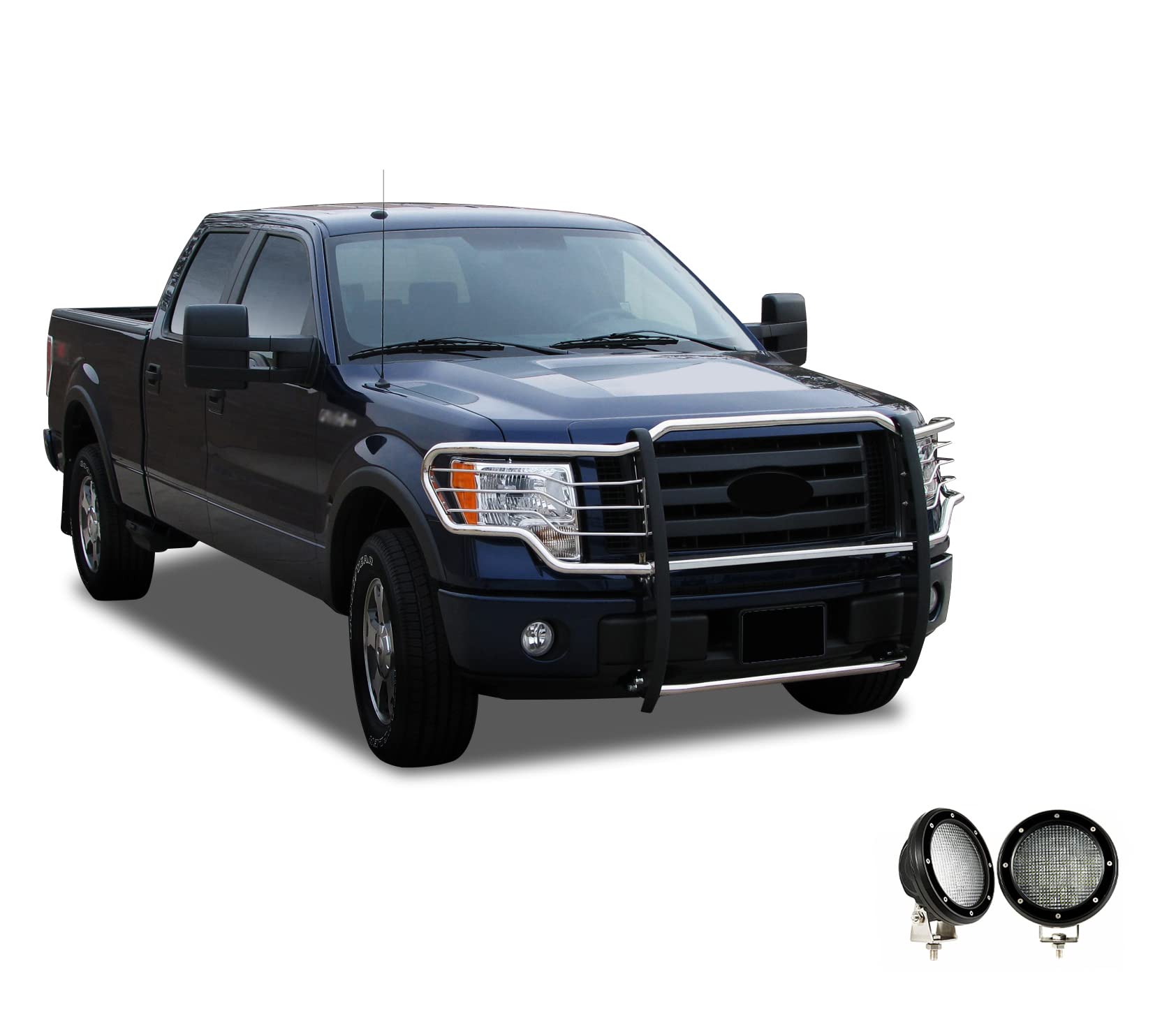 Bumper Guard Black Horse Grille Brush Modular Stainless Steel Come with Pair of 5.3" Dia.LED Lights with Black Trim Rings Compatible with 2009-2014 Ford F-150-17FP30MSS-PLFB