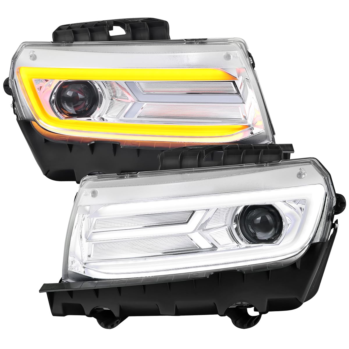 Chrome Projector Headlights SPEC-D TUNING w/Switchback and Sequential Turn Signals Compatible with 2014-2015 Chevy Camaro, Left + Right Pair Headlamps Assembly