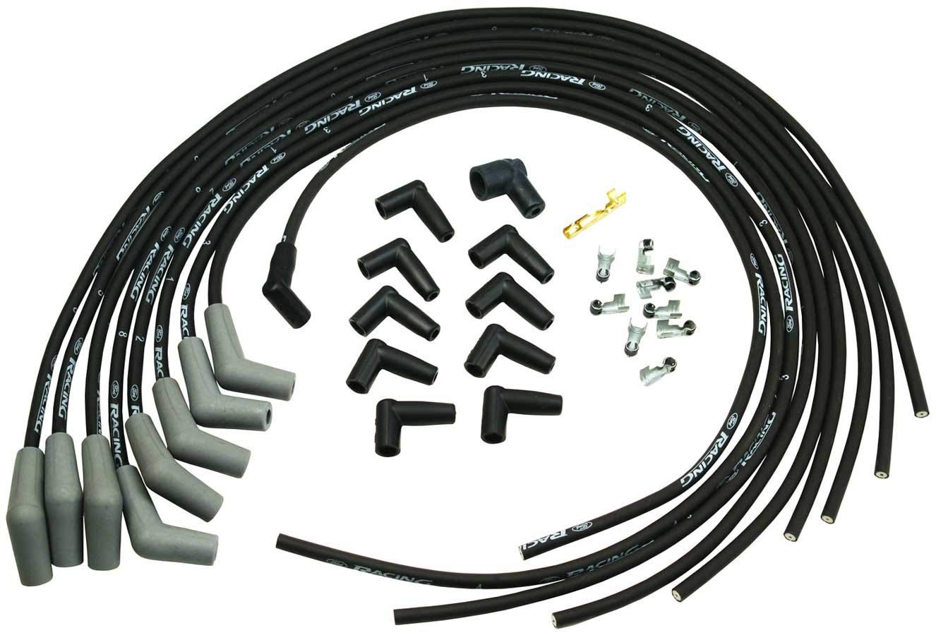Racing Ford Spark Plug Wire Set, Spiral Core, 9 mm, Black, 45 Degree Plug Boots, HEI Style Terminal, V6 / V8, Kit