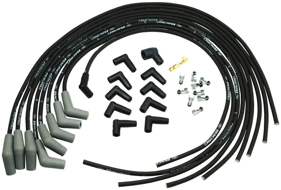 Racing Ford Spark Plug Wire Set, Spiral Core, 9 mm, Black, 45 Degree Plug Boots, HEI Style Terminal, V6 / V8, Kit