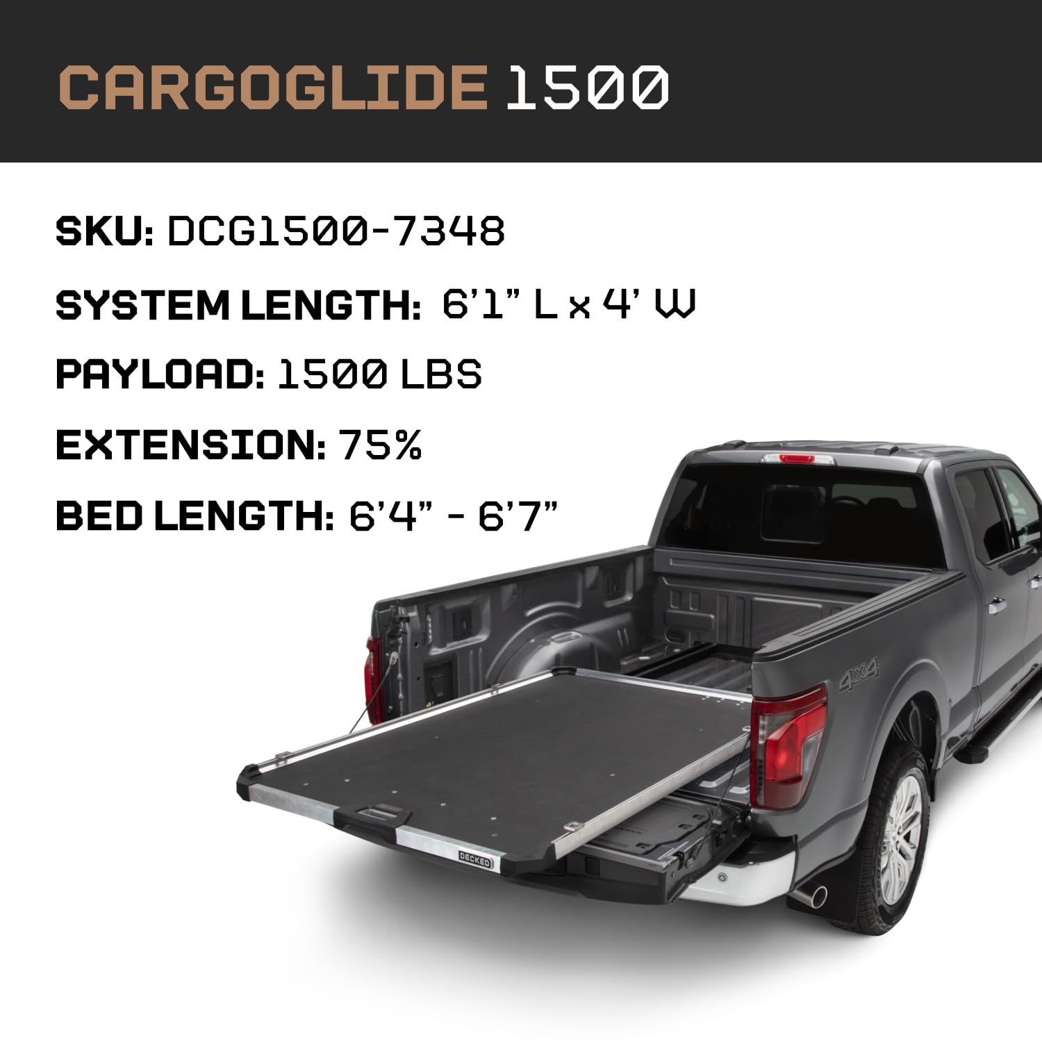 Truck Bed Slide CargoGlide – 1500 lb Capacity, 75% Extension – Heavy-Duty Pickup Cargo Slide for Easy Bed Access – Compatible with CargoGlide 1500/75% / 48" W / 73" L for Fullsize - Standard