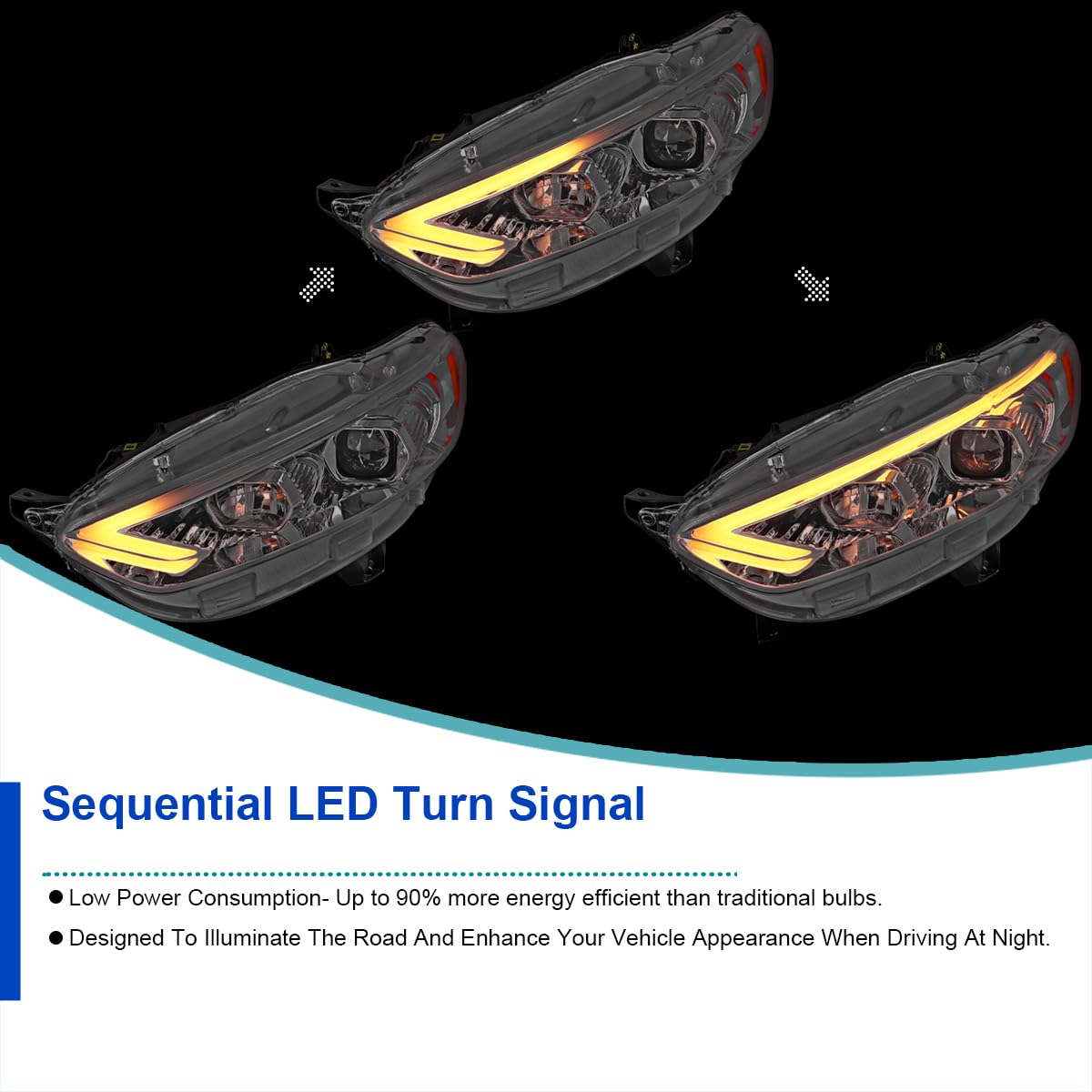 Chrome Projector Headlights SPEC-D TUNING w/Sequential Switchback LED Tube Signal Compatible with 2013-2016 Ford Fusion, Left + Right Pair Headlamp Assembly