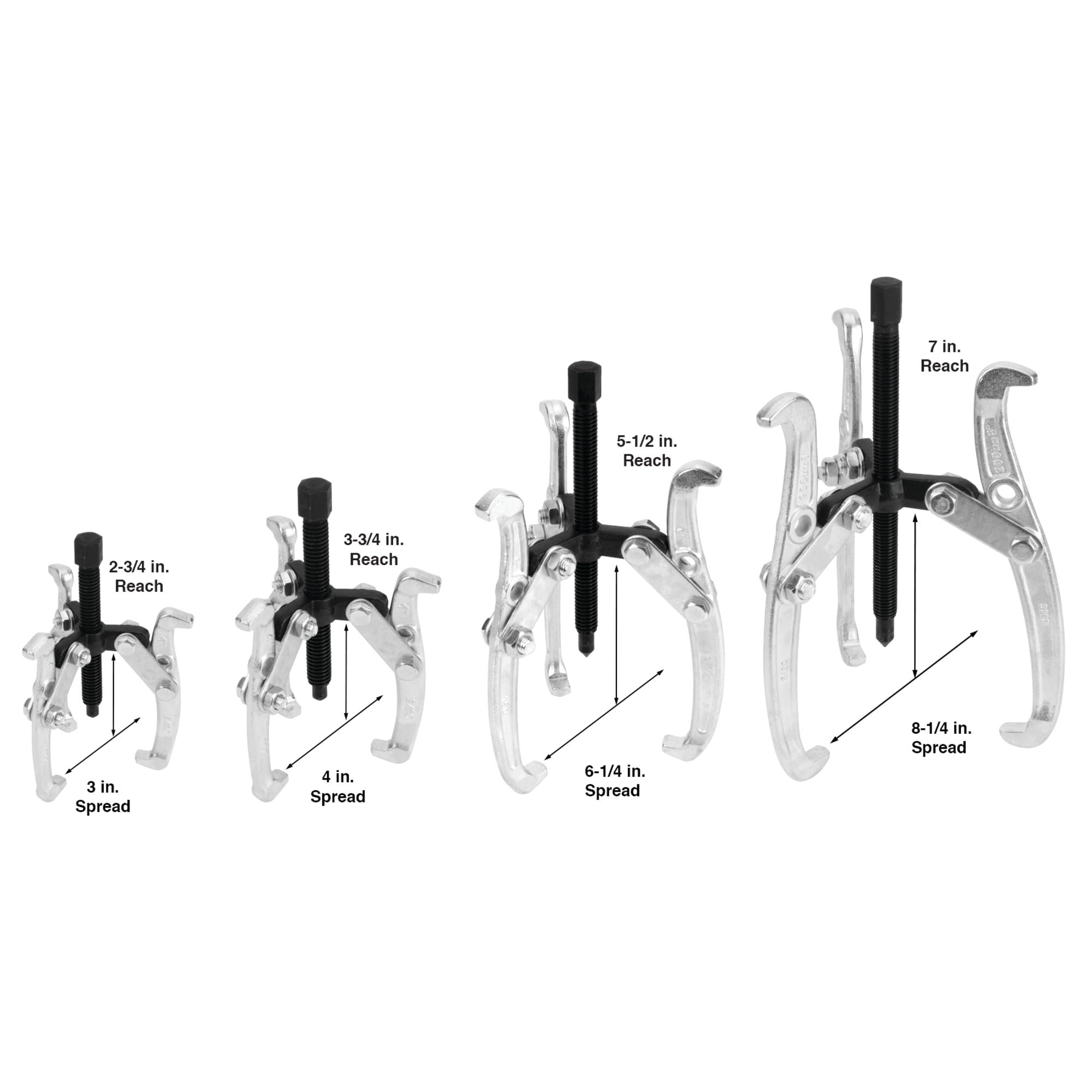 3 Jaw Gear Puller Set Performance Tool W134DB, 4-Piece Set (Sizes: 3, 4, 6 and 8-Inch), with Reversible Design for Vehicle Maintenance and Repair, Drop-Forged Steel, Chrome Plating