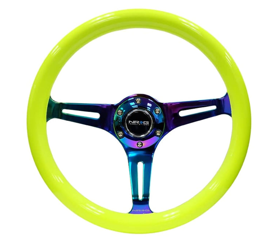 NRG Innovations Steering Wheel NRG-ST-015MC-NYW - 350mm 25mm Deep Configuration, Classic Wood Grain Wheel, 3 Neochrome Spokes-Neon YELLOW Color
