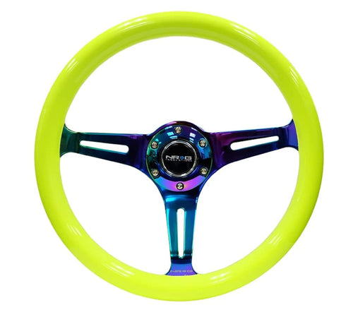 NRG Innovations Steering Wheel NRG-ST-015MC-NYW - 350mm 25mm Deep Configuration, Classic Wood Grain Wheel, 3 Neochrome Spokes-Neon YELLOW Color