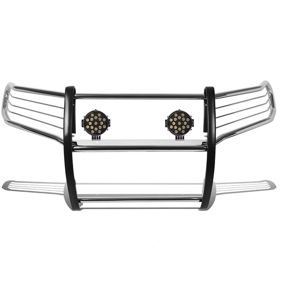 Grille Brush Black Horse Bumper Guard Modular Stainless Steel Come with Pair of 7.0" Dia.LED Lights with Black Trim Rings Compatible with 2005-2021 Frontier|2005-2007 Pathfinder-17A110200MSS-PLB