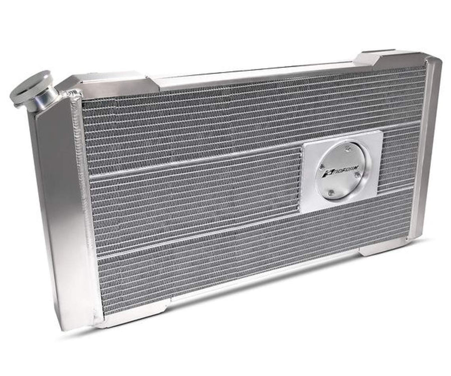 Slim-Fit PFM Radiator, Direct Fit Series, 31-13/64 in W x 16-51/64 in H x 4 in D, Single Pass, Driver Side Inlet, Passenger Side Outlet, Aluminum, Natural, Manual Transmission, GM A-Body 1968-77, Each