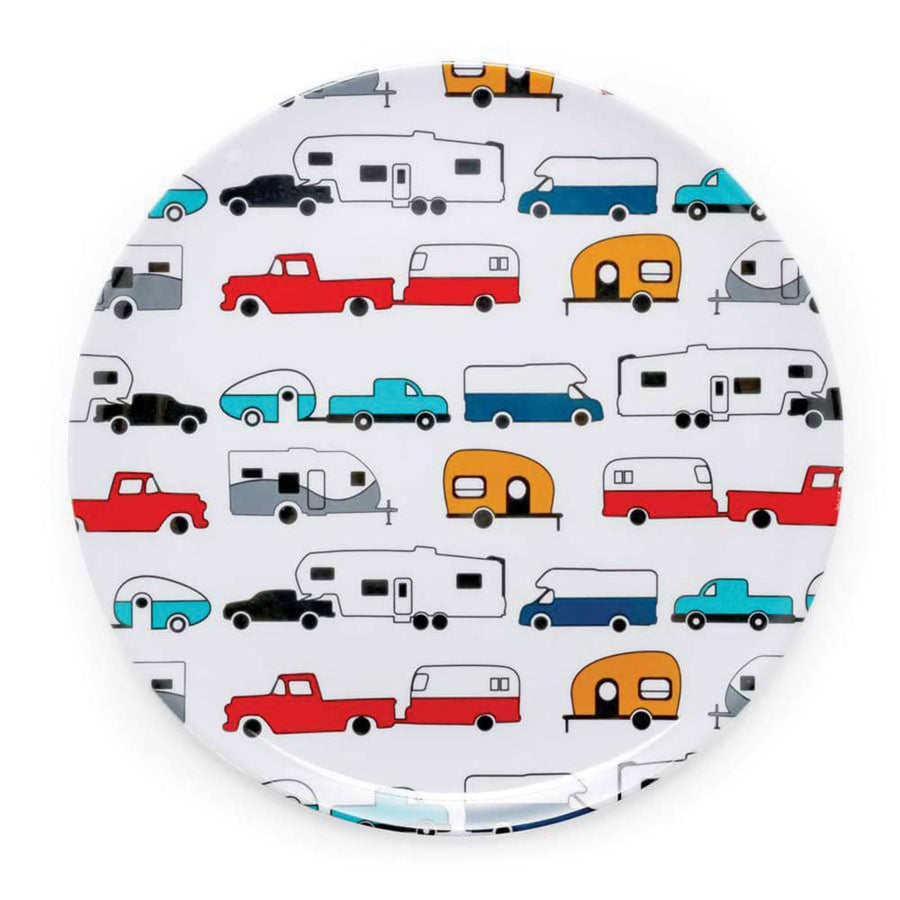 Camco Large Dinner Plate is Better at The Campsite - White with Multicolor Retro RV, Camper, and Trailer Print, BPA Free, Melamine (53224)