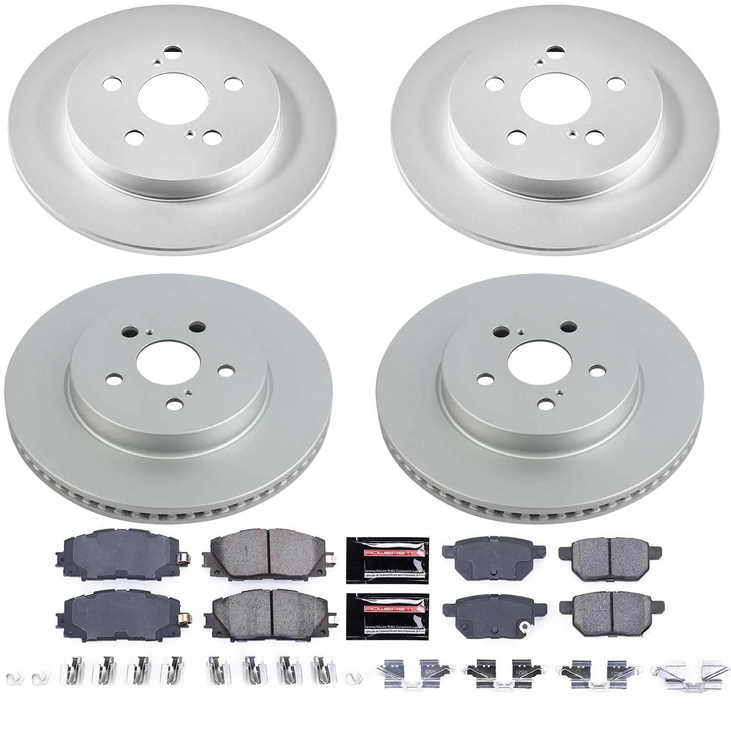 Power Stop Z17 CRK8634 Front and Rear Coated Rotor Kit-Coated Brake Rotors, Ceramic Brake Pads For Toyota Prius Prime 2020-2022 [Model Specific]
