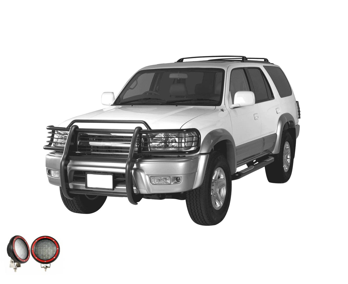 Bumper Guard Black Horse Grille Brush Modular Black Come with Pair of 5.3" Dia.LED Lights with Red Trim Rings Compatible with 1999-2002 Toyota 4Runner-17TN23MA-PLFR