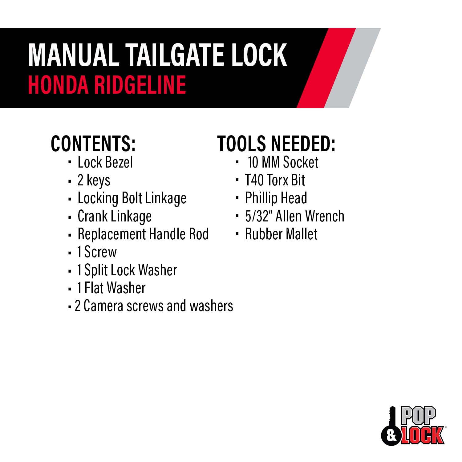 Manual Add-On Tailgate Lock Kit POP & LOCK – for Honda Ridgeline, Fits 2017 to 2019 (Black, PL6250, Must have a PL8600 Installed)